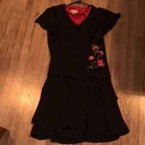 2 piece black dress with embroidered flowers.